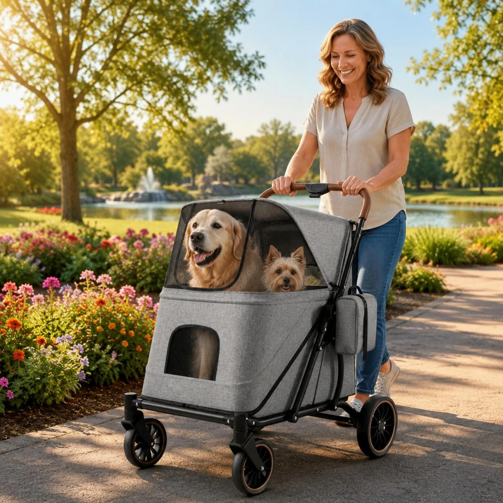 Large Dog Stroller Swivel Wheels Foldable Pet Stroller Pet Travel Metal Frame for Transport