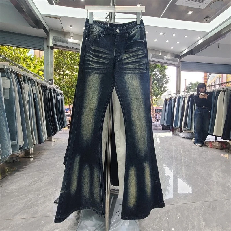 

Vintage micro flared jeans for women autumn washed American style high waisted and slimming elastic floor length pants