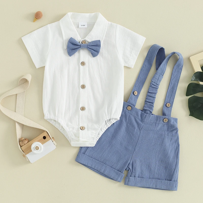 Infant Baby Boys Summer Outfit Gentleman Short Sleeve Romper Dress Shirt Suspender Shorts 2Pcs Suit Clothes Set