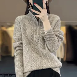Women Fashion Solid Knitted Sweaters Vintage Long Sleeve Zip-up Basic Half Turtleneck Sweater Female Pullovers Chic Casual Tops