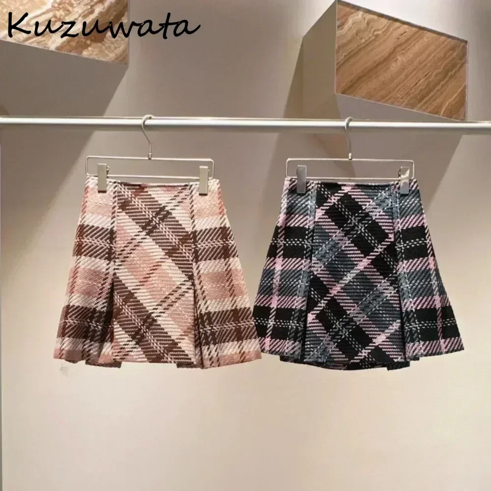 Kuzuwata New Fashion Personalized High Waist Faldas Plaid Slim Flare All-match Casual Mujer Faldas Japan Ruched Luxury Skirts