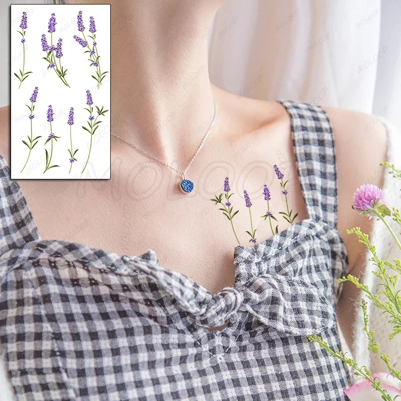 Tattoo Sticker Lavender Leaf Flower Plant Temporary Fake Tattoos for Kids Women Men Waterproof Body Makeup Art