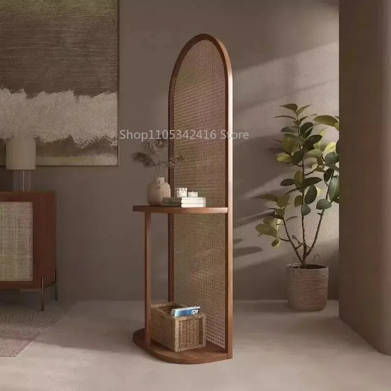 Rattan Screen Partition, Modern Simple Retro Movable Divider Shelf for Living Room, Entrance & Bedroom Decor