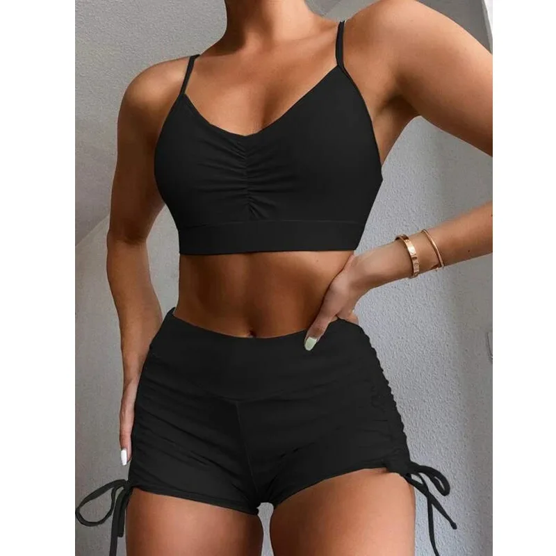 NADANBAO-Conjunto de Bikini negro para mujer, Tankini Sexy para vacaciones en la playa, traje de baño de cintura alta, ropa deportiva