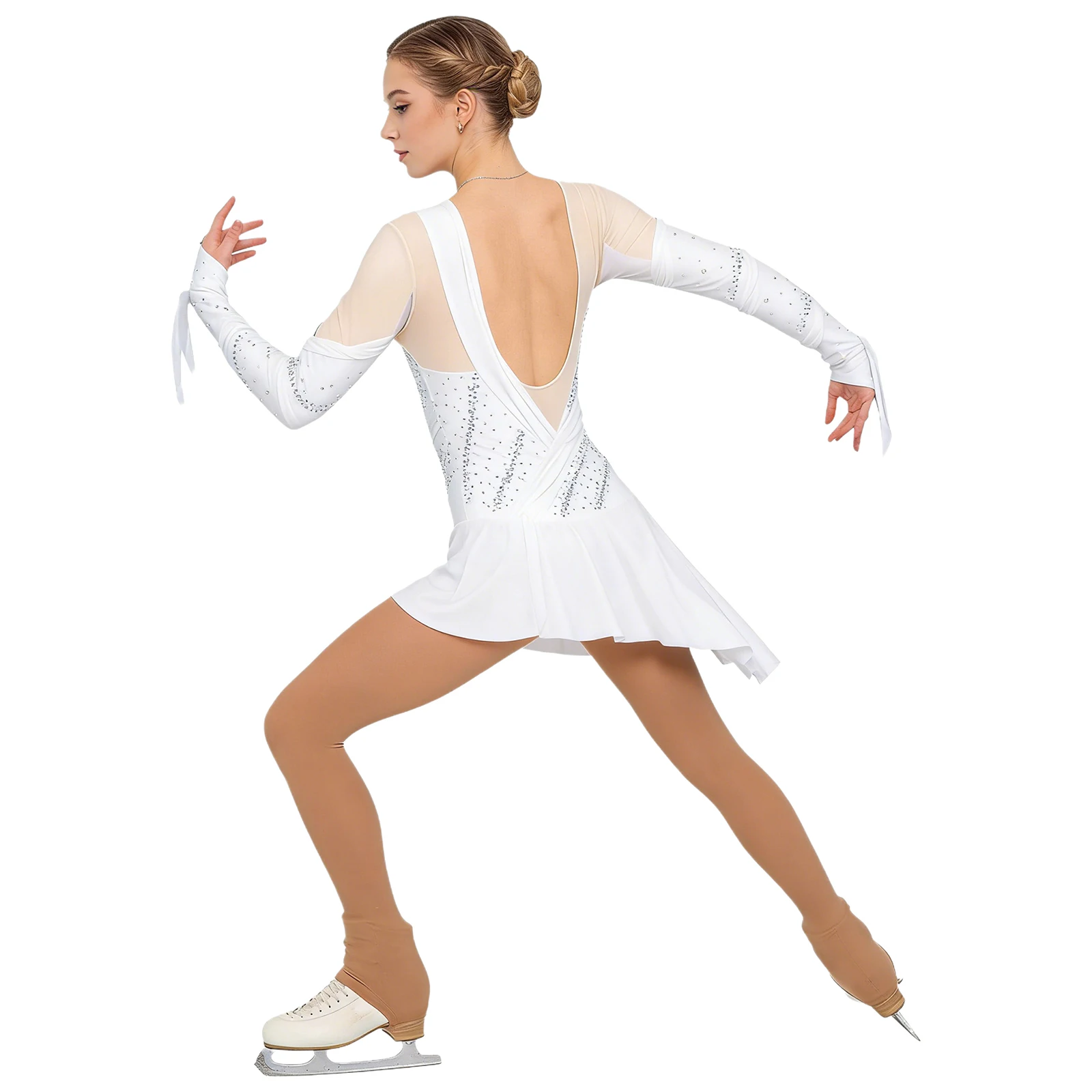 Damen Eiskunstlauf-Tanzkostüm mit Strass, Langarm-Netzrock-Trikot für Ballett, Rhythmische Gymnastik, Tanzbekleidung, Bodysuit