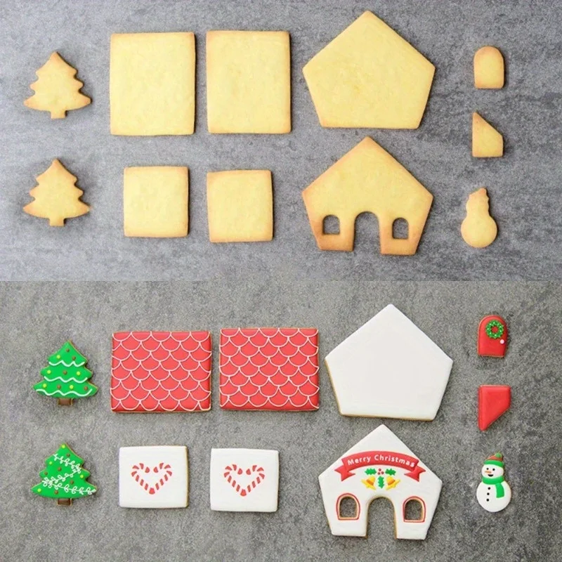 3D Christmas Gingerbread House Mould Plastic Cookie Cutter Set DIY Biscuit Mold Pastry Cake Stamp Baking Tools Accessories