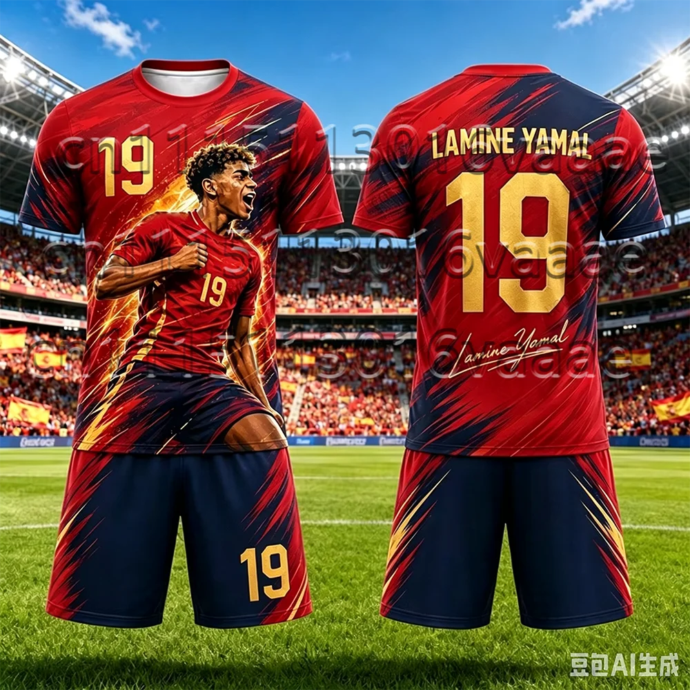 Kinder-Trainingsanzug Fußballtrikot Yamal Nr. 19 Bedrucktes T-Shirt+Shorts-Set Spanien Fan-Outfit Sportbekleidung Kinder/Erwachsene 2-teiliges Set – Detail 9