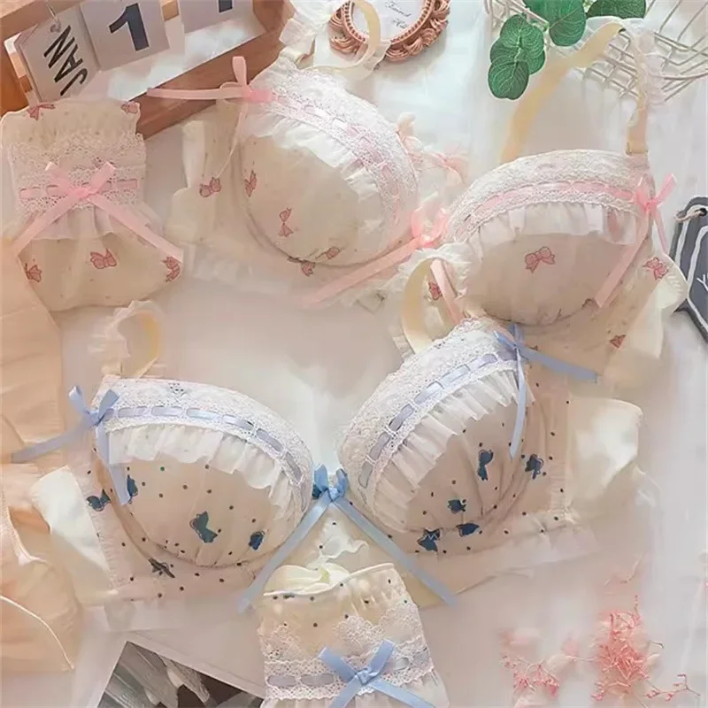 Lolita bow Lace Lingerie for Women, Girly Lace Bra, Small Chest Pull Together, No Underwire, Sweet Bra Set, Japanese style