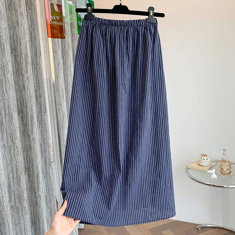 

Корейская юбка-миди в вертикальную полоску с разрезом f, женская летняя новая юбка-миди из чистого хлопка с эластичной резинкой на талии, тонкая модель