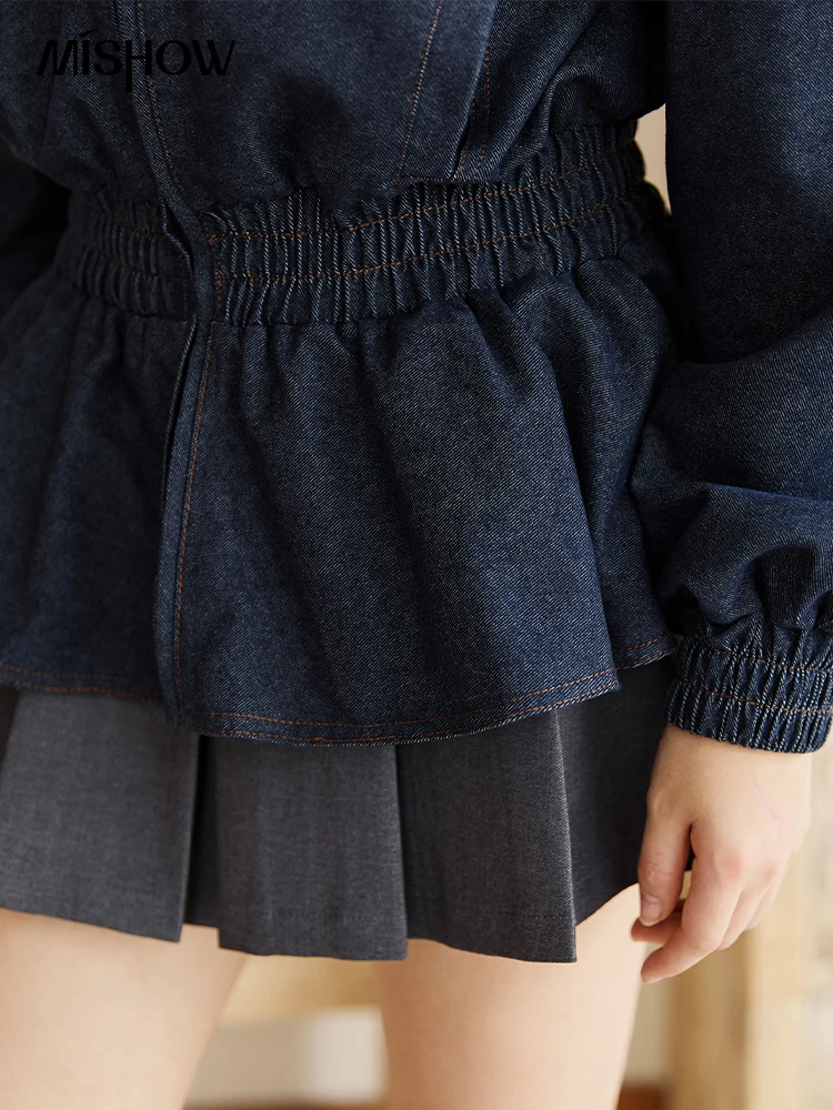 MISHOW Giacca blu da donna 2025 Autunno retrò allentato colletto alla coreana orlo con volant giacca corta pendolari top a maniche lunghe MXE47W0892