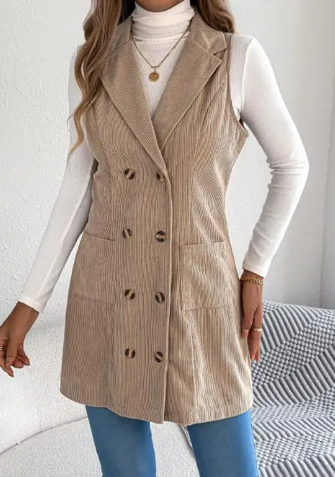 Autumn and Winter 2025 Solid Color Double Breasted Pocket Corduroy Vest, Women's Lapel Slim Fit Commuting Sleeveless Vest Jacket