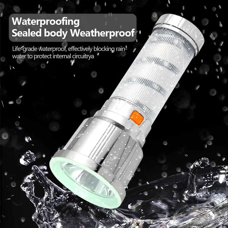 ไฟฉาย LED พลังงานสูง ไฟฉายตั้งแคมป์พร้อมไฟด้านข้าง ชาร์จ USB ได้ ใช้ในกรณีฉุกเฉิน พกพาสะดวก โคมไฟมือถือ 5 โหมดแสงสว่าง