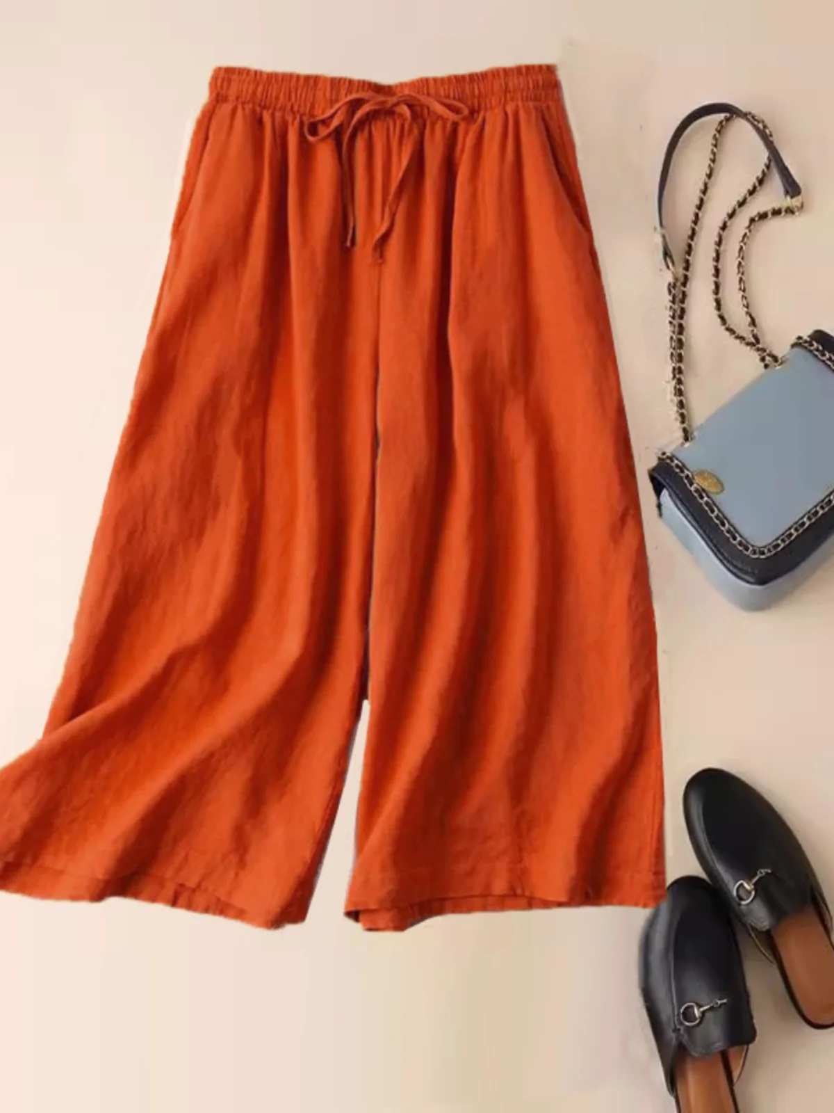 

Широкие брюки из ледяного шелка и конопли, однотонные, летние, женские, новые, укороченные, струящиеся, свободные повседневные брюки-юбка