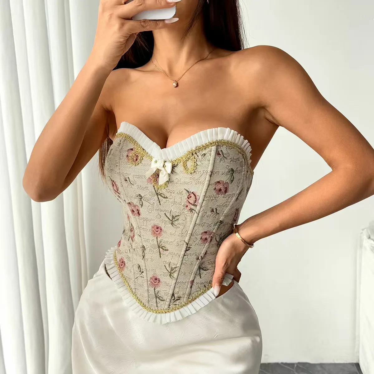 

French jacquard splicing one-shoulder tube top herringbone bra lace-up vest, retro high-end elegant herringbone bra
