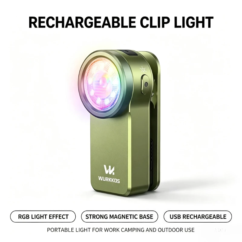 WURKKOS Rechargeable Clip Light Magnetic LED Work Light Portable RGB Lamp For Camping Repair Home Emergency