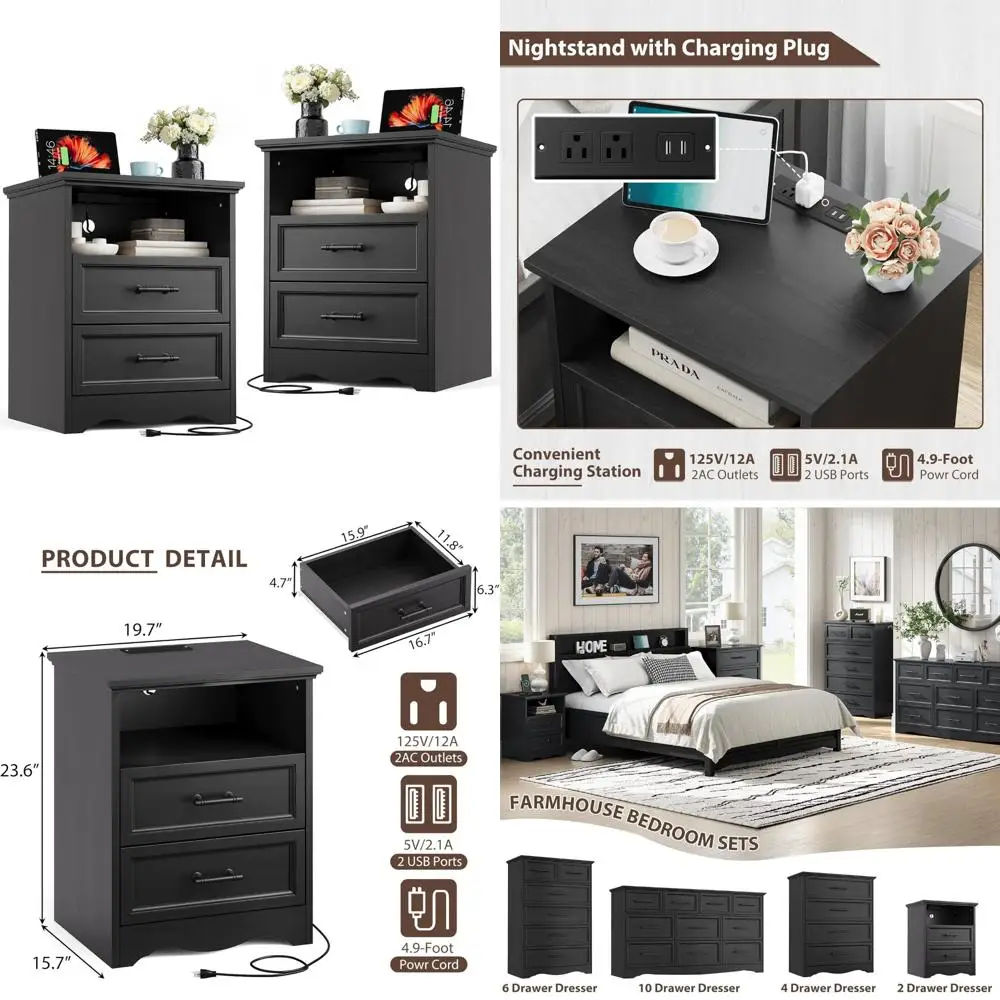 Pair of Black Farmhouse Nightstands Featuring Charging Ports and Dual Drawer Storage for Space-Efficient Wood Cabinets