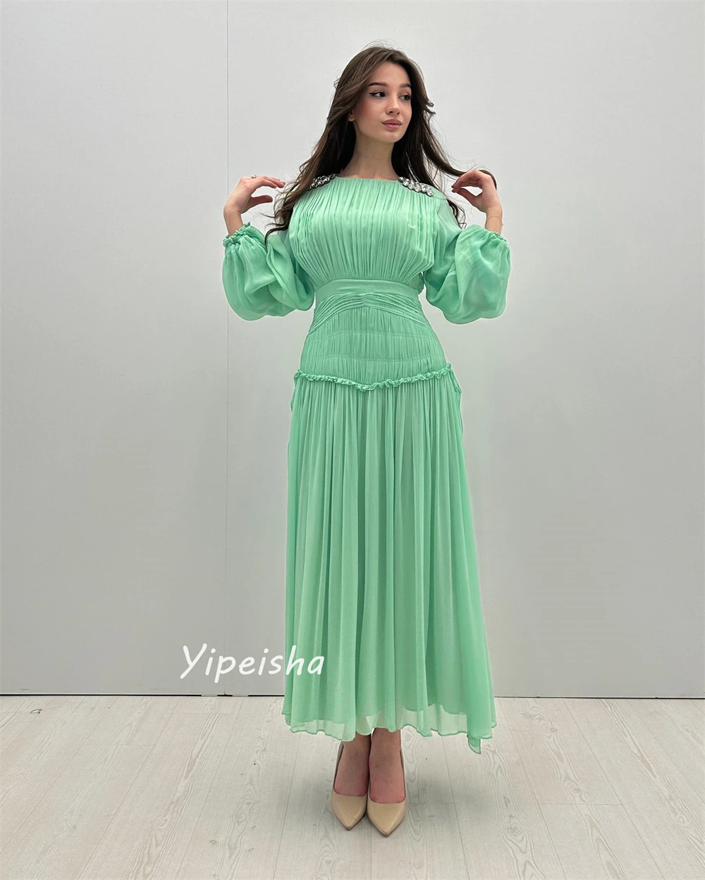 Customized Modern Style Formal Evening O-Neck A-line Beading Draped Ankle-Length Chiffon Bespoke Occasion Dresses