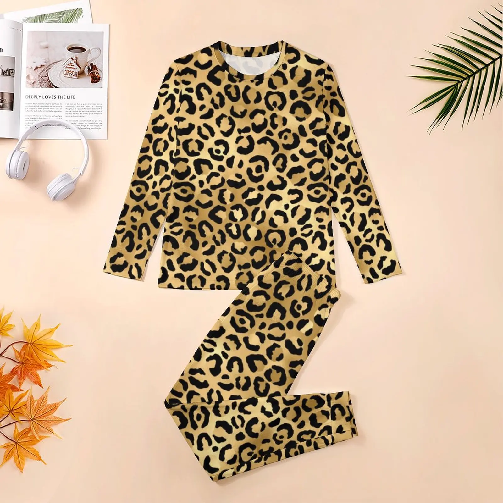 Black Gold Leopard Print Pajamas Autumn Cheetah Animal Leisure Home Suit Men Two Piece Long Sleeves Lovely Oversized Pajama Sets