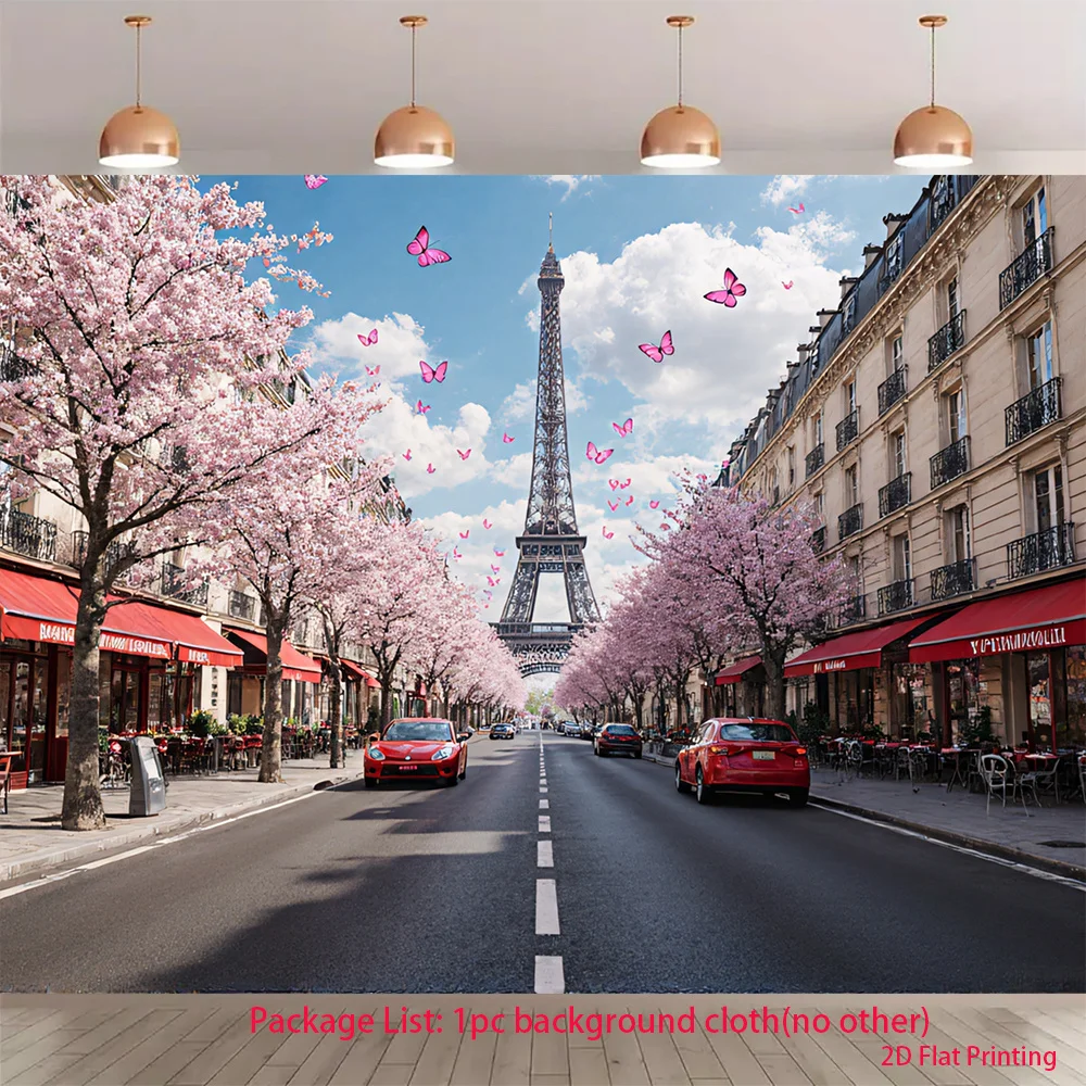 Paris Spring Street Tapestry, Cherry Blossom Eiffel Tower Wall Hanging for Living Room Bedroom Decor, Romantic Art Gift