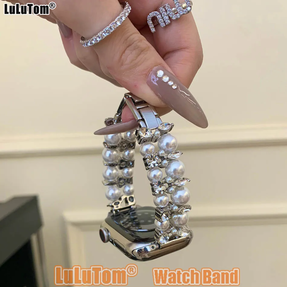 

Элегантный женский ремешок-браслет для Apple Watch 38–49 мм с жемчужным металлическим бриллиантом iWatch Series 10 9 8 7 6 SE 5 4 3 2 1 Ultra