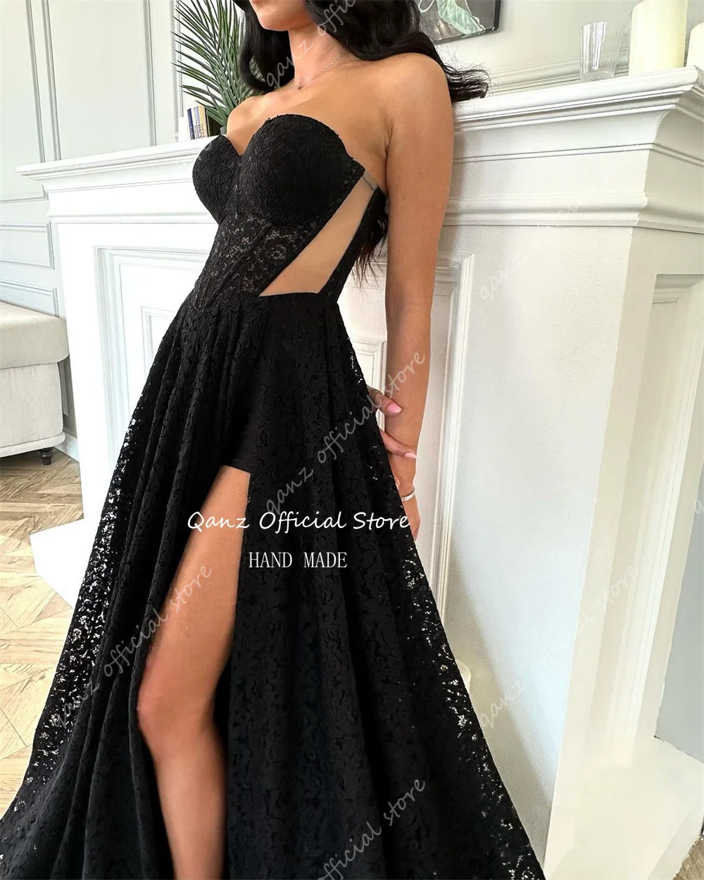 Qanz Elegant Long Evening Dresses Slit Black Lace Appliaues Prom Dresses Luxury Gowns Lace Up Back Vestidos De Noche Customized