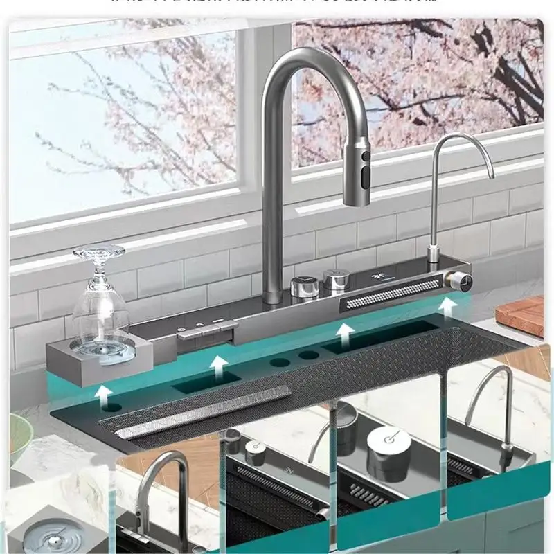 

Technology Integrated Large Single Slot Digital Display 304 Stainless Steel Kitchen Sink with Waterfall Faucet for Kitchens