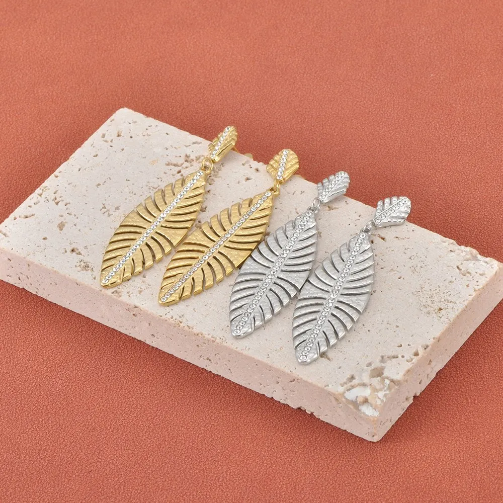 Lokaer vergoldete Edelstahl-Ohrstecker mit Blatt- und Pflanzenmotiv, modischer Strass-Luxusschmuck, wasserdicht, für Frauen, Geschenk E26058