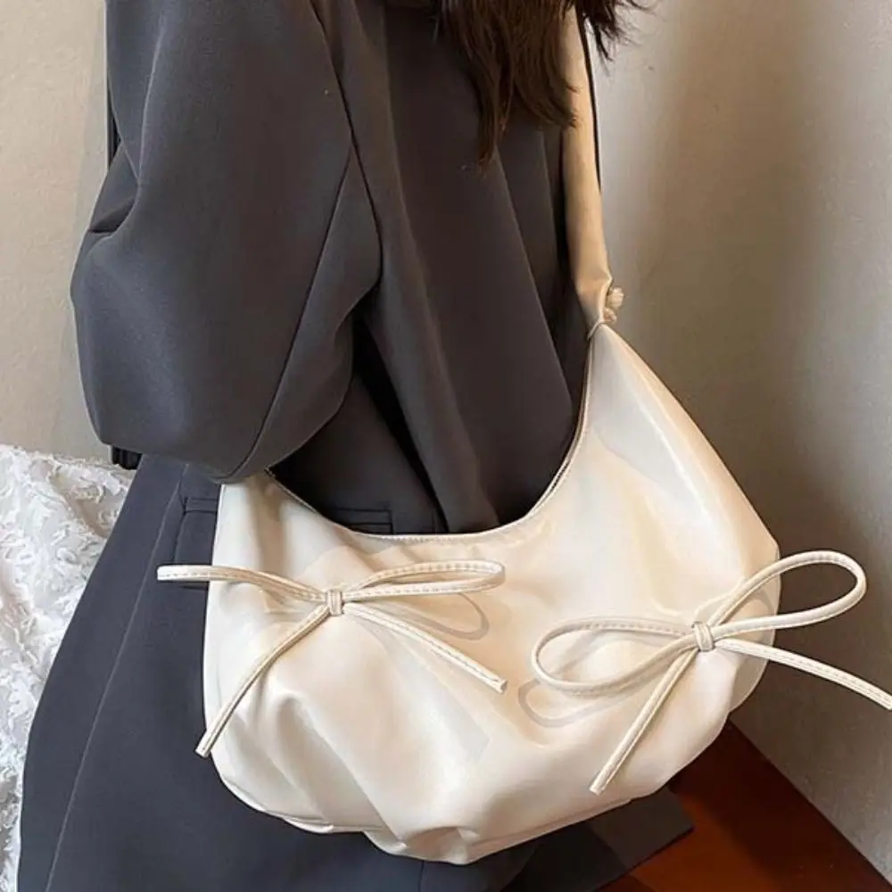 All-match Korean Style Pleated Bow Tote Bag Pleated Strap Solid Color PU Shoulder Bag Handbag Minority Design Underarm Bag Women