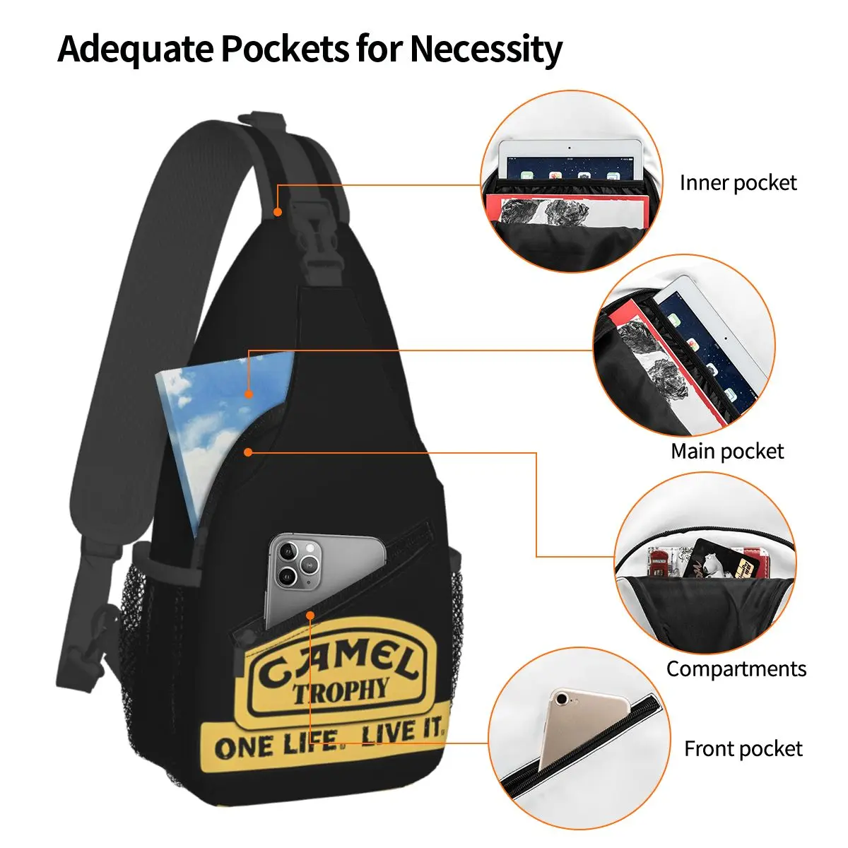 Bolsa de estilingue Troféu Camelo, One Life Live It, mochila tiracolo, mochila casual para caminhadas e viagem