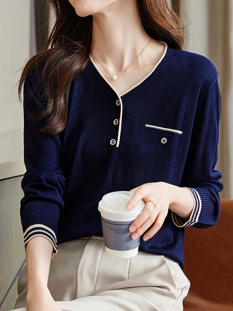 Autumn Winter Button V-Neck Sweater Women Slim Knitted Pullover Korean Style Casual Sweaters Ladies Tops