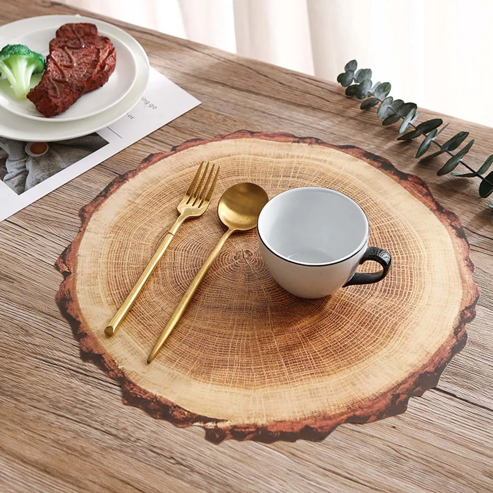 1Pcs Tree Stump Placemat PVC Wood Pattern Home Restaurant Dining Table Decor Mat Vegetable Dish Curved Edge Wood Grain Cup Pad