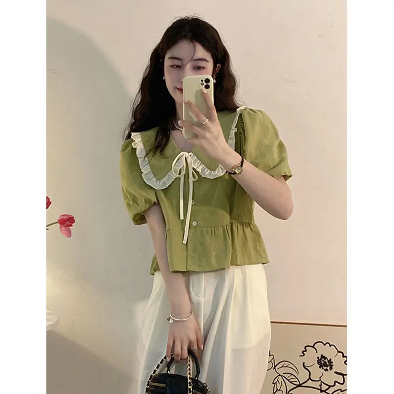 

Short Sleeve Shirts Womens Jacquard Pintucked Stand Collar Slim Blouse Office Minimalist OL Lady Professional Modern Elegant