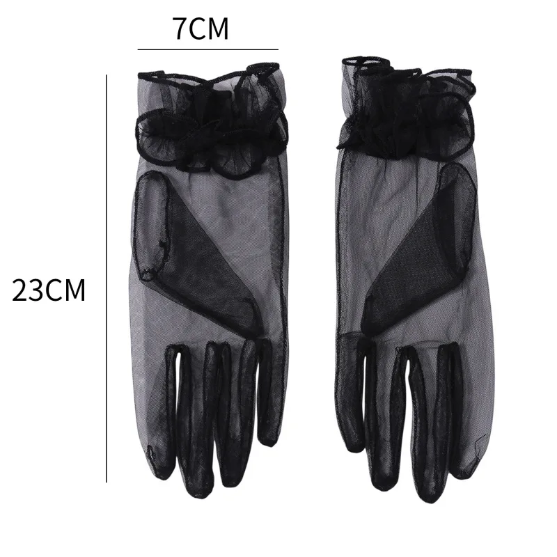 Ultra Thin Transparent Gauze Lace Full Finger Gloves Short Tulle Gloves Women Wedding Mesh Gloves Elastic Wrist Black Gloves