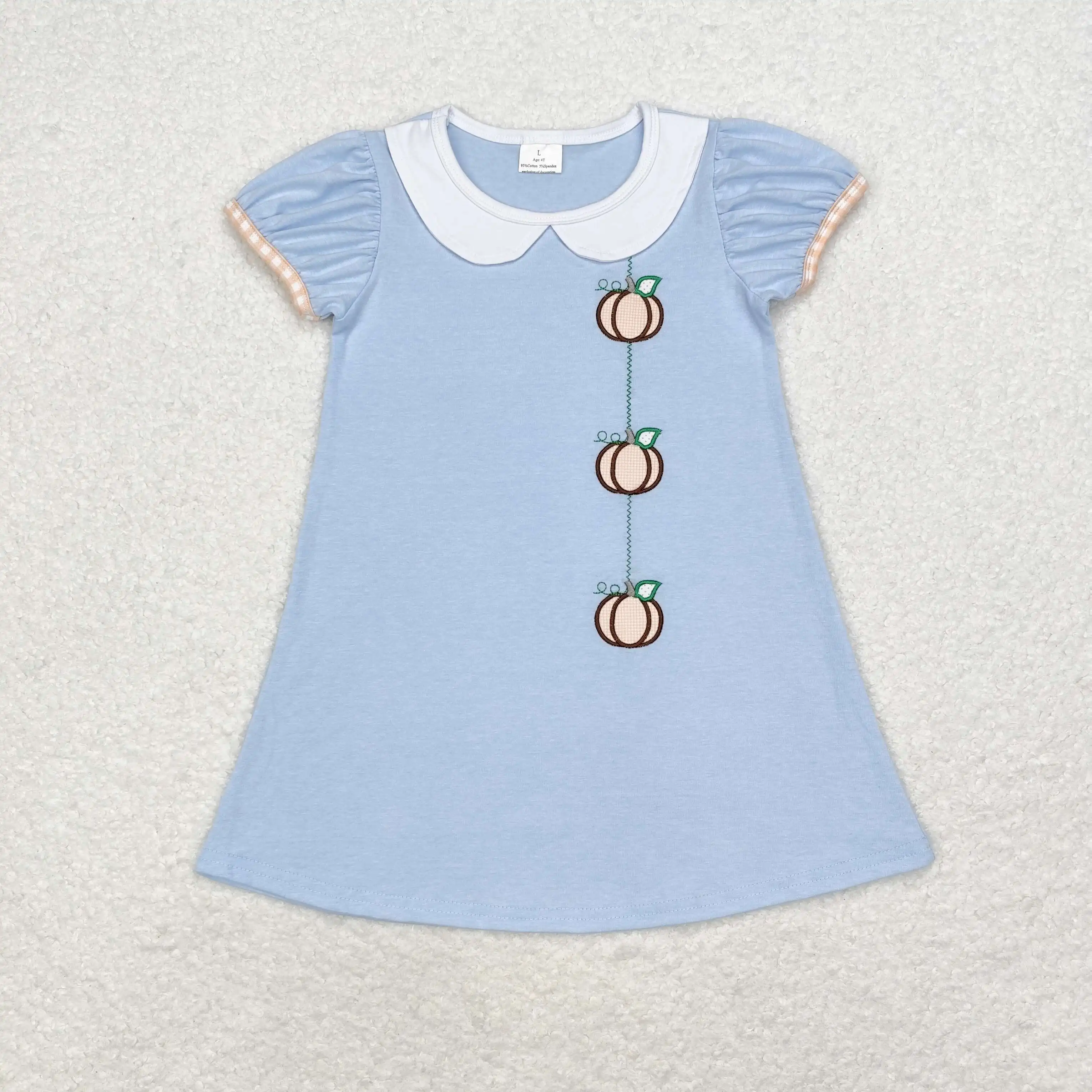 GSD1257Fashionable Kids Dress For Girls Short Sleeve Embroidered Pumpkin Doll Collar Blue Print With Dress  Children Clothes Rts