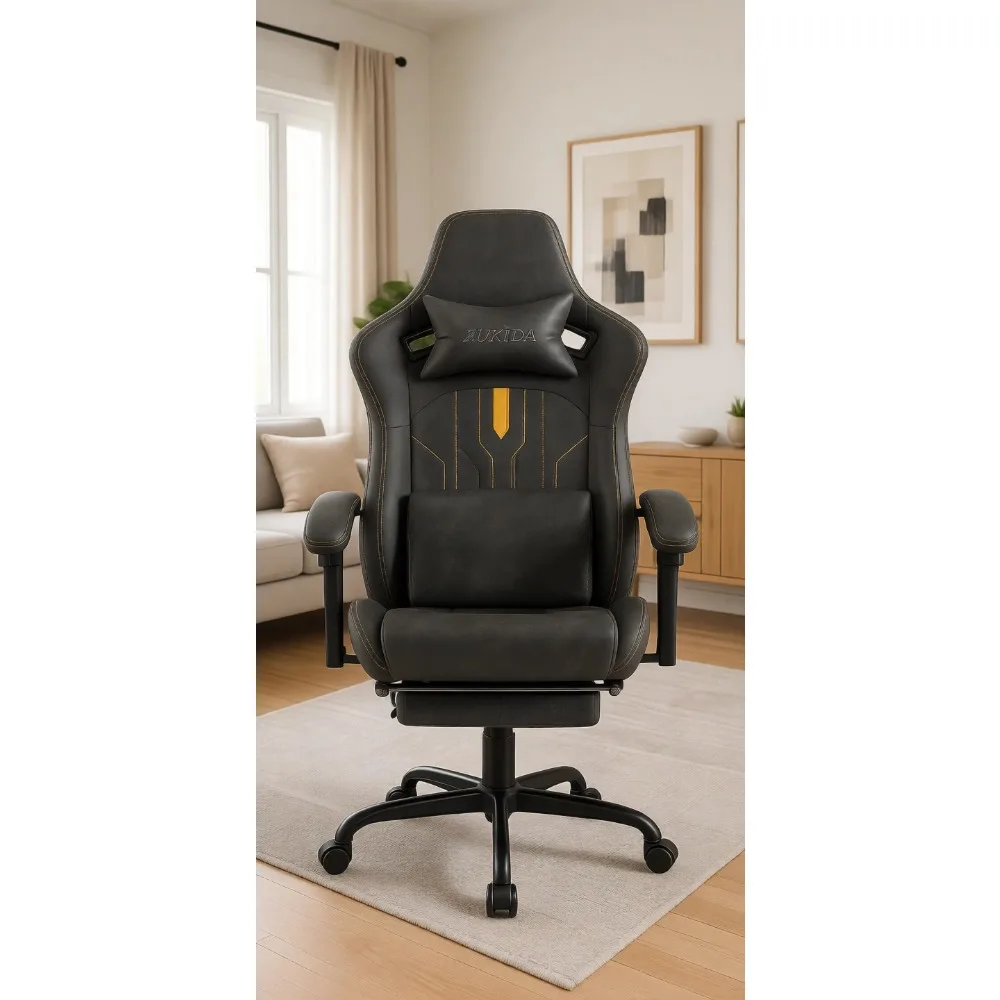 Silla ergonómica para juegos con reposapiés, reclinable ajustable para adultos, soporte lumbar con masaje, cuero PU gris