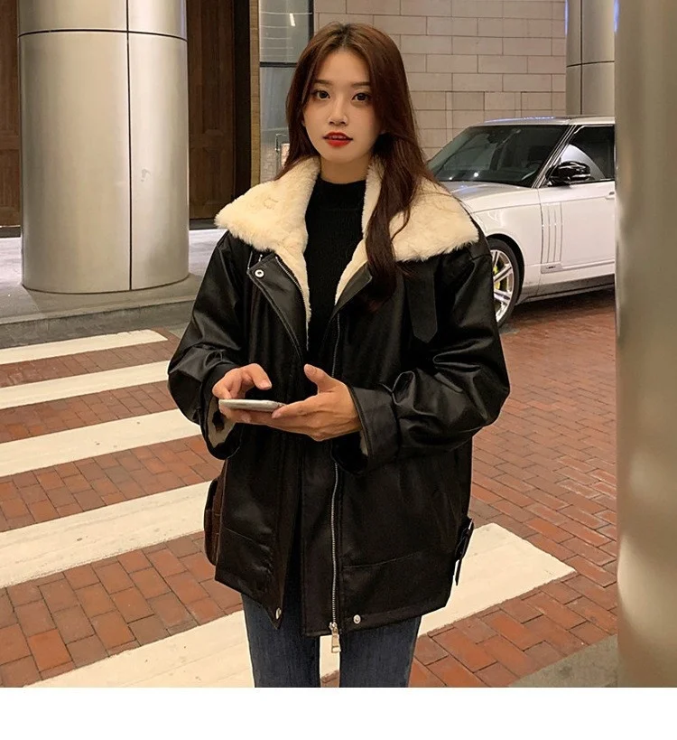 Damska kurtka ze skóry PU Thiened Fce, ciepła, luźny krój, odzież wierzchnia w stylu streetwear, zapinana na zamek, długi rękaw.