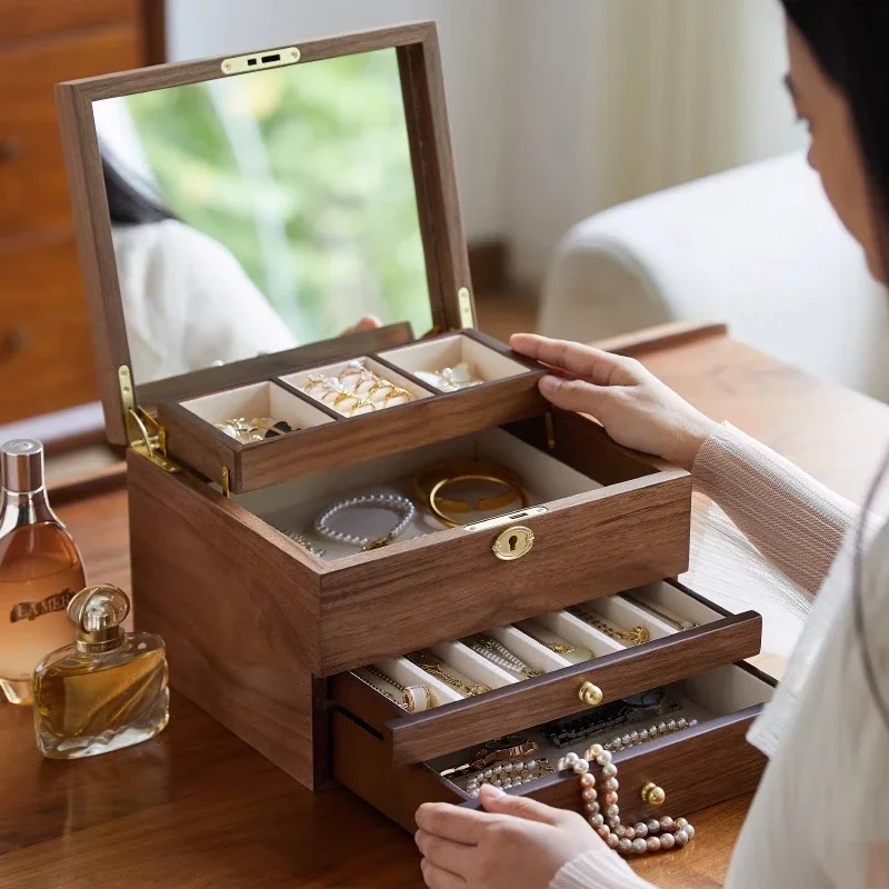 Jewelry storage box, high-end exquisite wooden desktop necklace, hair accessories, earrings, hand jewelry storage box.