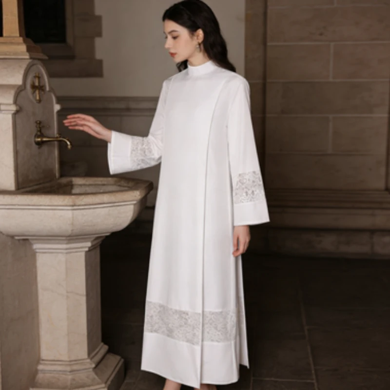 

White Lace Clergy Robe Cosplay Costume Medieval Pleated Lace Floral Middle Eastern Floral Long Dress