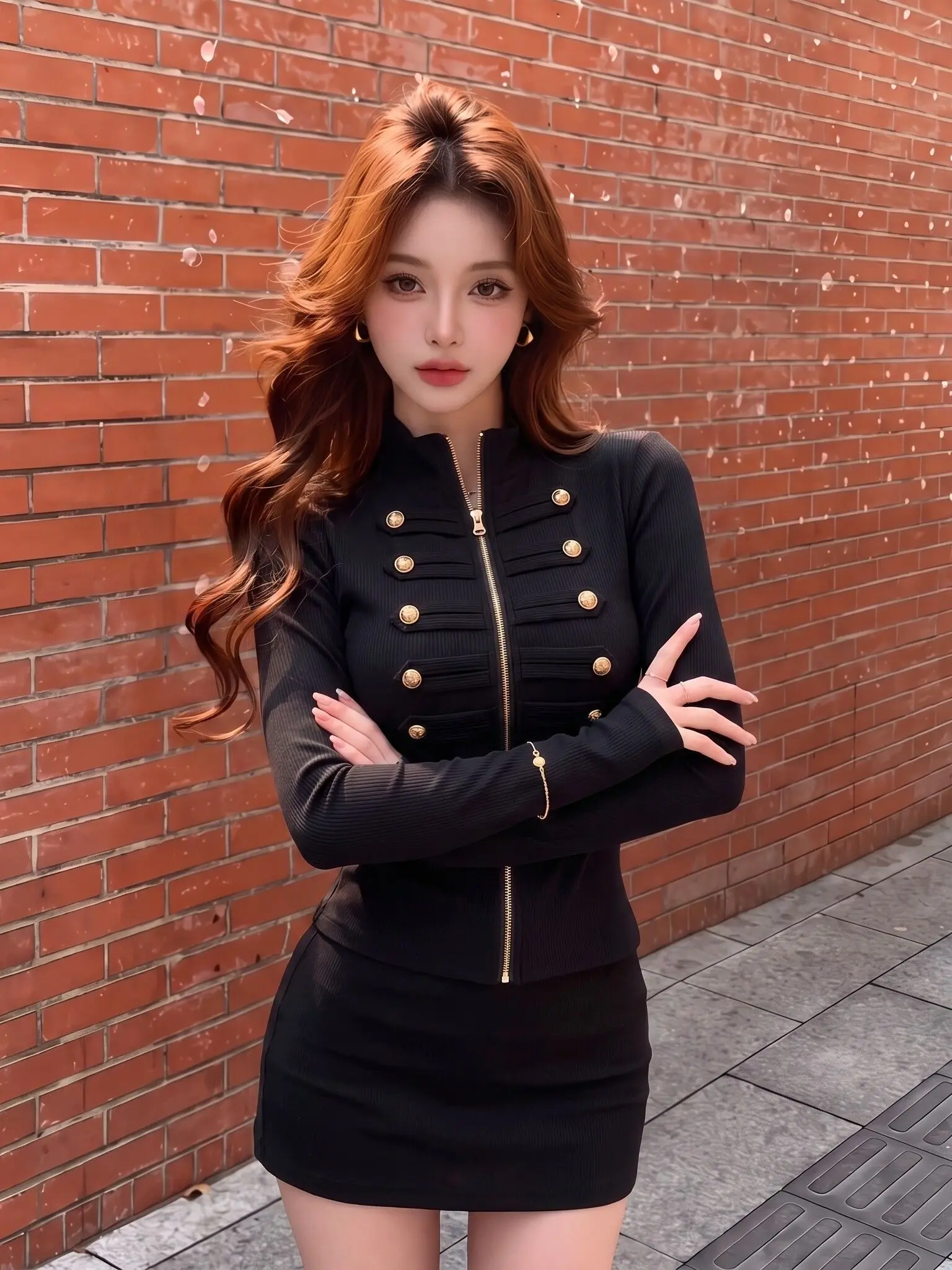 Retro Napoleon Metal Buckle Long Sleeve Zipper Jacket Women's Slim Fit Kaki Color Stand Collar Autumn Fashion Ladies Coat