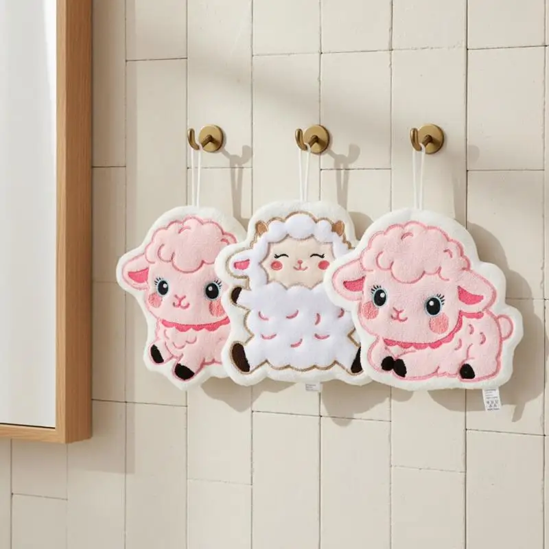 Cartoon Lamb Plush Hanging Hand Towel Highly Absorbent Thick Soft for Home Kitchen Bathroom Housewarming Gift