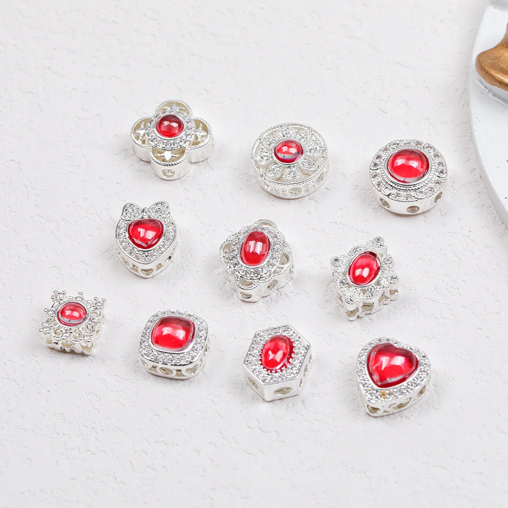 5 Pieces Copper Gold-silver Inlaid with Red Zircon High-end Bead DIY Pearl Necklace Bracelet Jewelry Accessories Wholesale