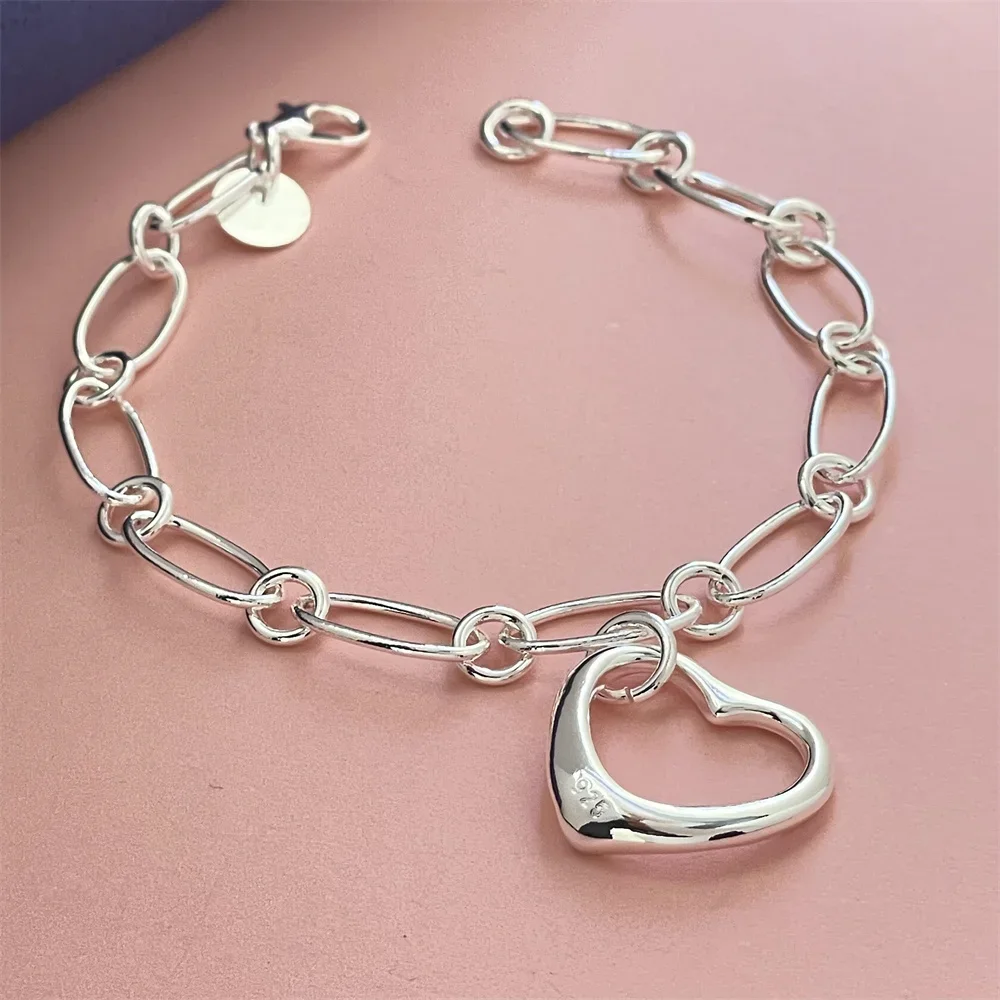 S925 Sterling Silver Paper Clip Heart Pendant Bracelet Men And Women Jewelry Gift