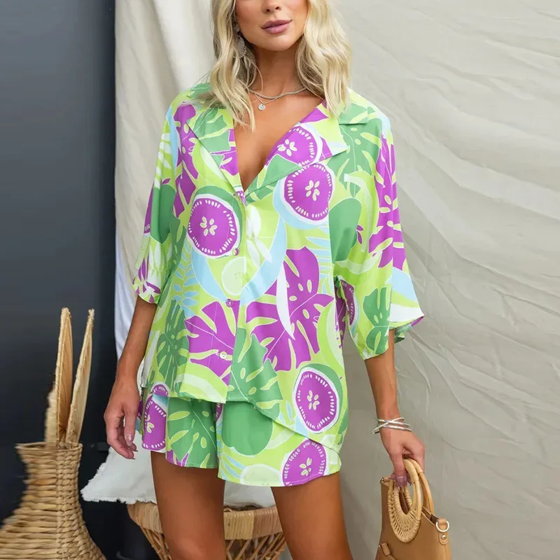 Summer Beach Holiday Tow Piece Set Women Casual Short Sleeve Flower Printed Button Shirt Cardigan Shorts Suit Female 2024