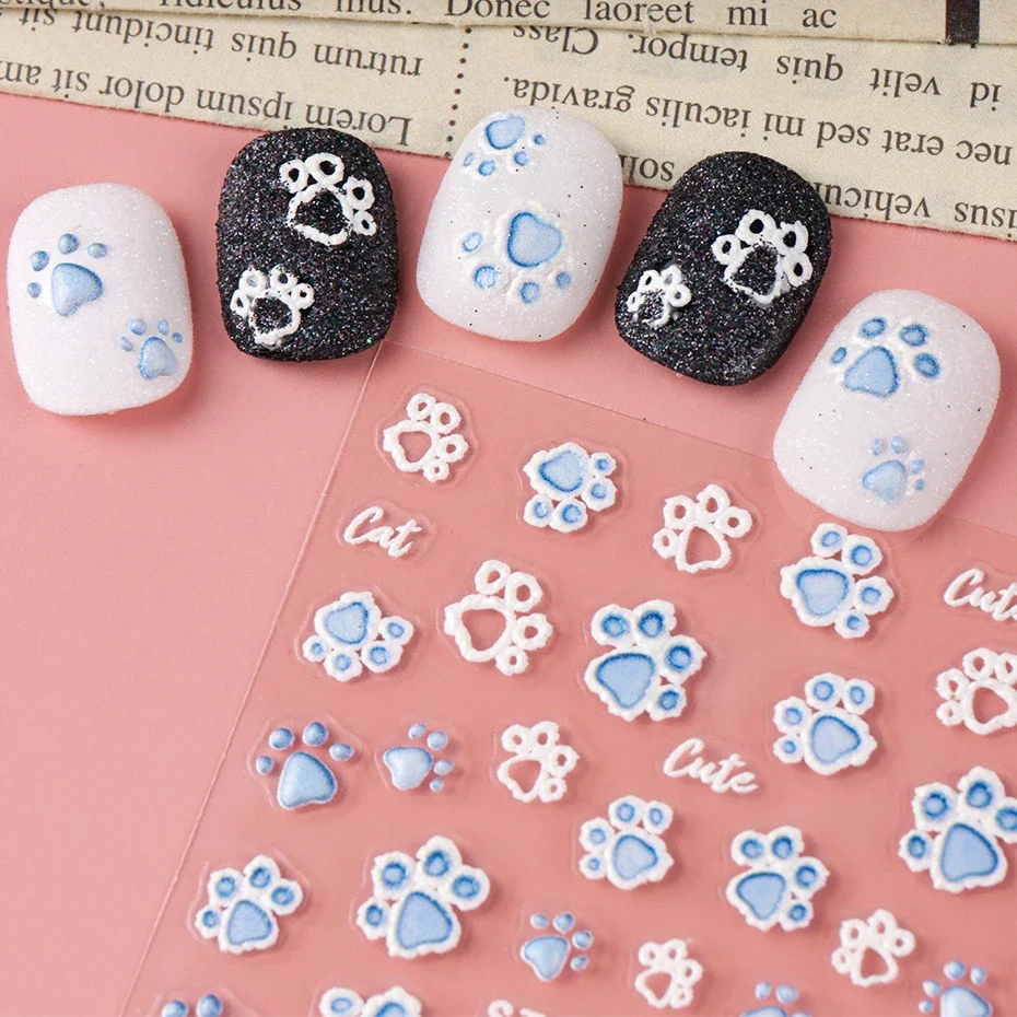 2pcs Cute Blue White Cat Footprints Nail Art Sticker Cartoon DIY Self-Adhesive Decals Sliders Decorations Manicure Accessories 4