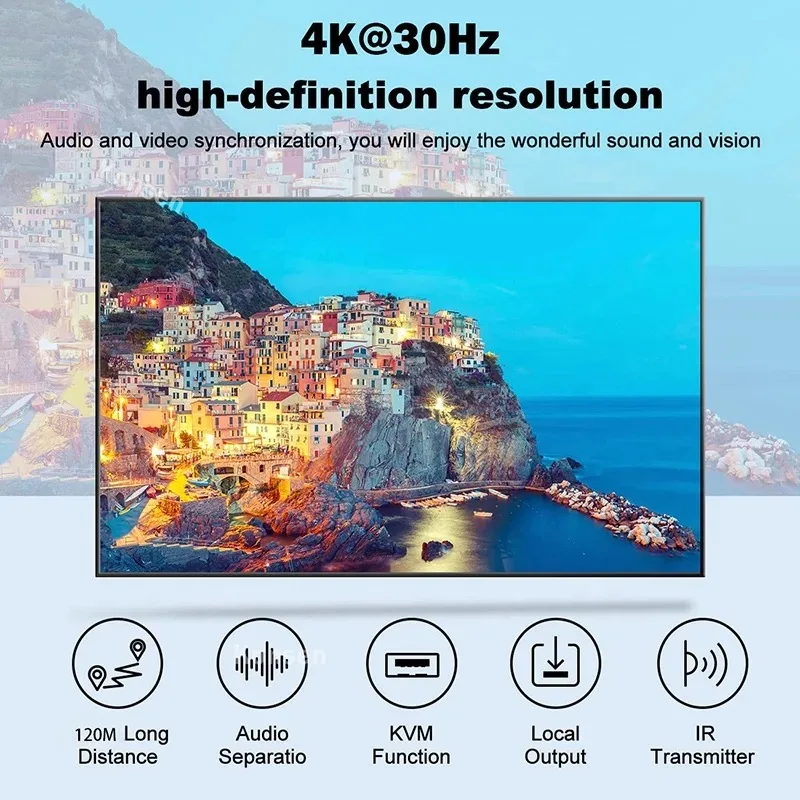 Extensor de Audio compatible con HDMI, 4K, 120m, KVM, USB, RJ45, soporte de bucle/IR/teclado sobre Cat6, extensor Ethernet para ratón USB