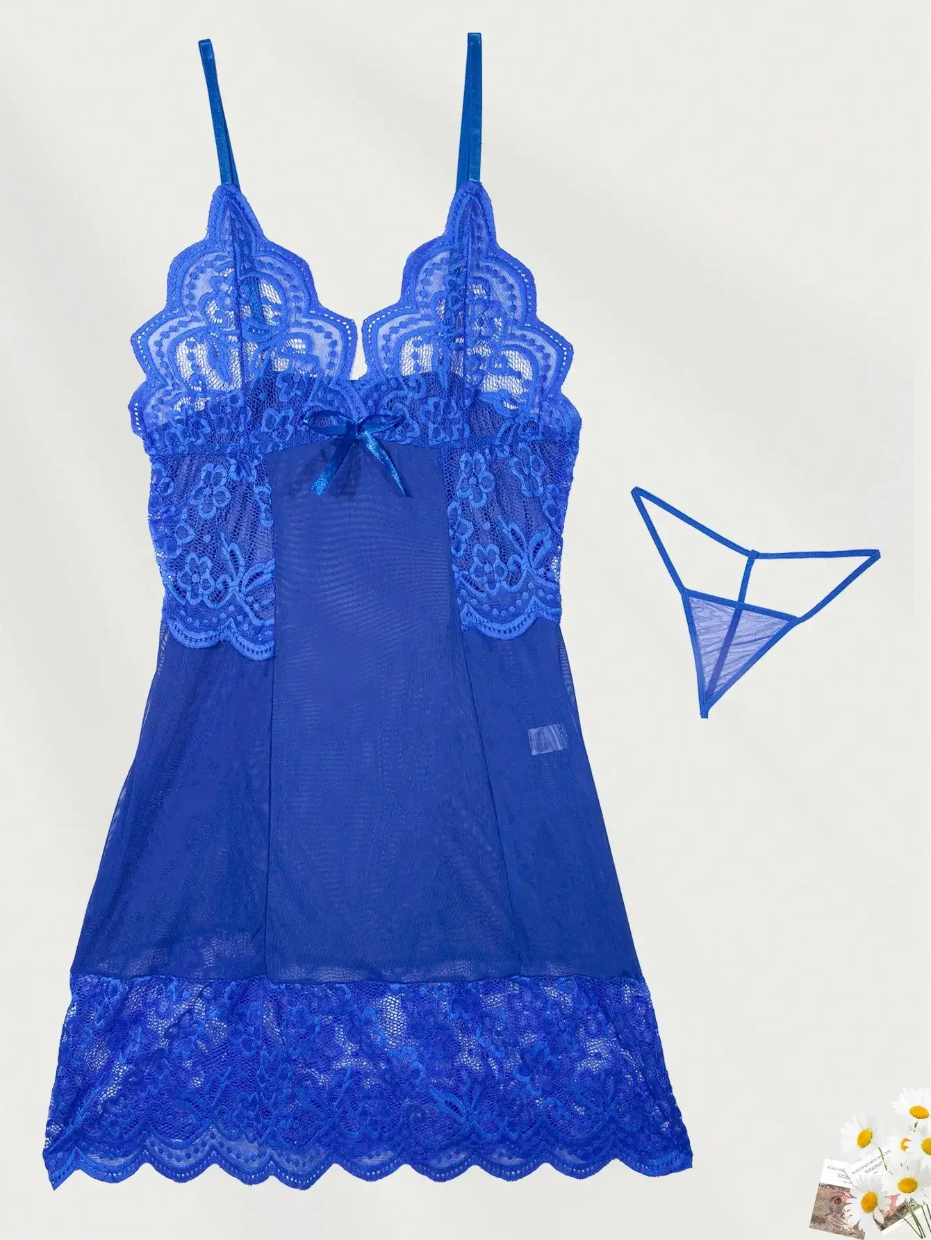 

2pcs Set Women Sexy V-Neck Spaghetti Strap Lace Transparent Mesh Slip Dress And G-String Lingerie Set