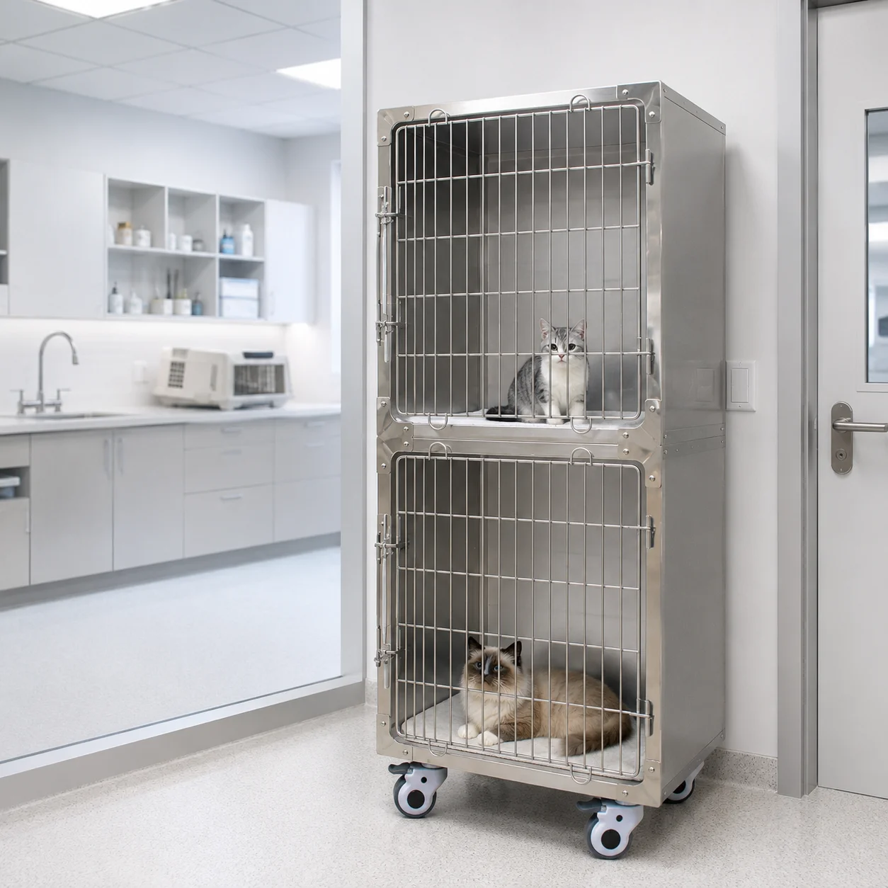 【Hot】Two Tier Stainless Steel Cat Cage Veterinary Boarding Cage for Clinic Hospital Indoor Use