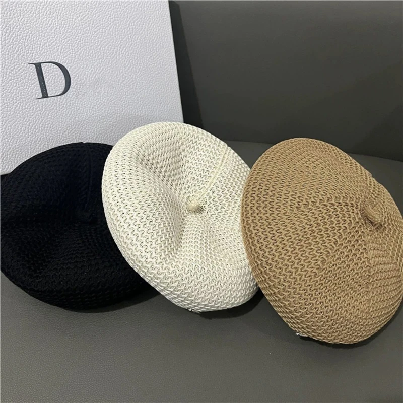Women Fixed Pleated Straw Beret Summer Knit Breathable Big Artist Fashion Painter Hat