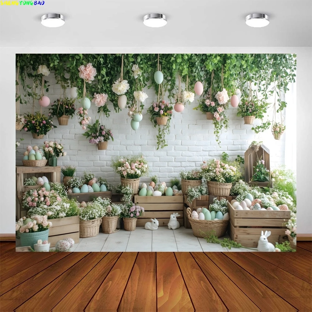 Primavera fundo de páscoa para fotografia parede de tijolo branco piso de madeira plantas verdes flores ovos coelhos pano de fundo estúdio foto