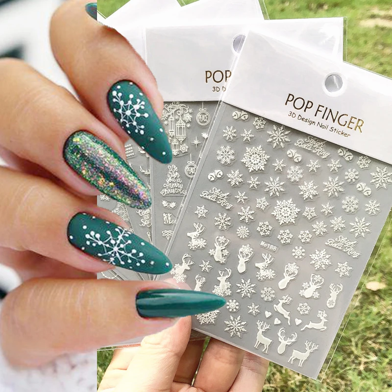 Nail Art Decal Winter White Christmas Trees Snowflakes Adhesive Sliders Nail Stickers Decoration For Nail Tips Beauty